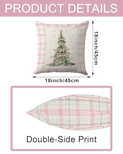 Pink Ribbon Christmas Tree Pillow Cover 18x18 - Holiday Decor with Plaid Border