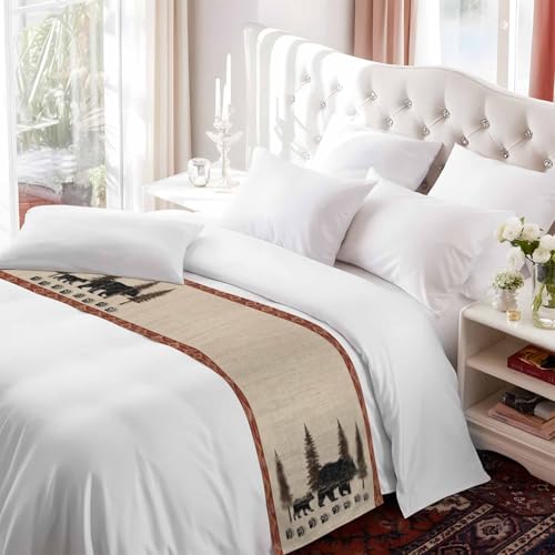 King Size Black Bear Rustic Bed Runner with Cream, Red Variations 102x20 Inches