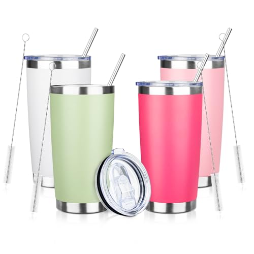 20oz Stainless Steel Insulated Tumbler with Straw & Brush - Light Color 4pcs