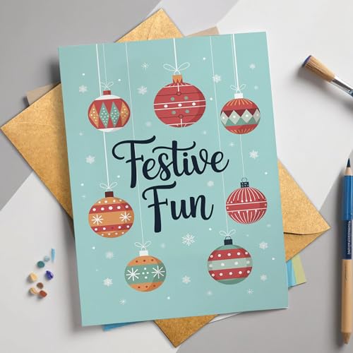 Festive Christmas Card with Colorful Ornaments and Snowflakes - Holiday Greeting Card for Family & Friends
