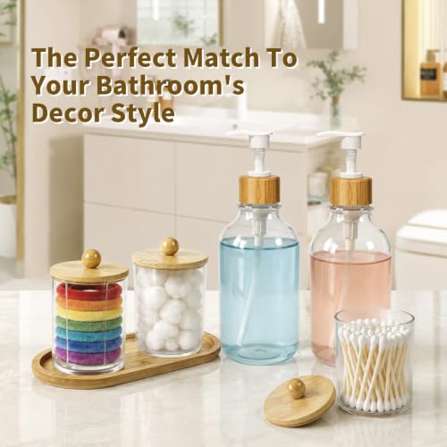 Bamboo Bathroom Organizer Set with Dispensers and Jars - Vanity Countertop Storage