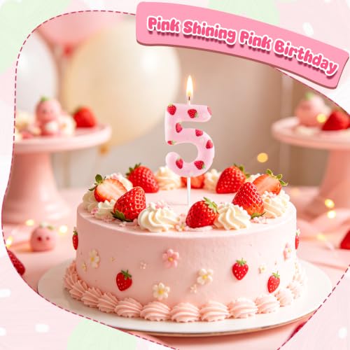Strawberry Number 4 Birthday Candle - Pink Happy Birthday Cake Topper