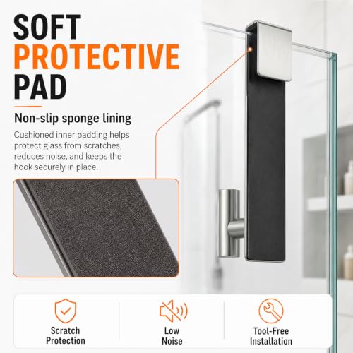 Brushed Silver Shower Glass Door Hooks 2 Pack for 3/8" Thick Frameless Glass