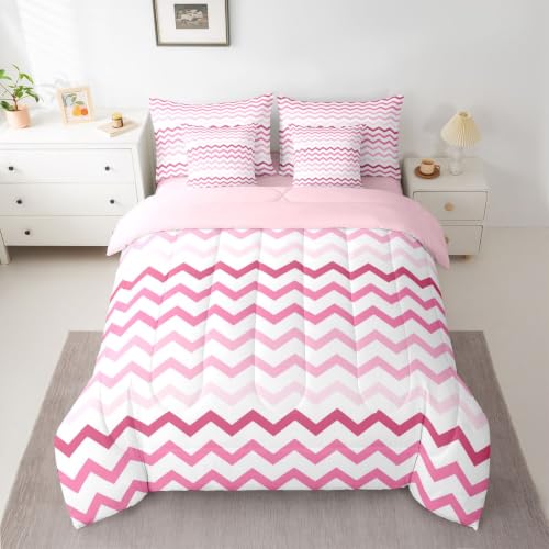 Pink Gradient Chevron Kids Comforter Set King Size 7 Pieces - Hot Pink White