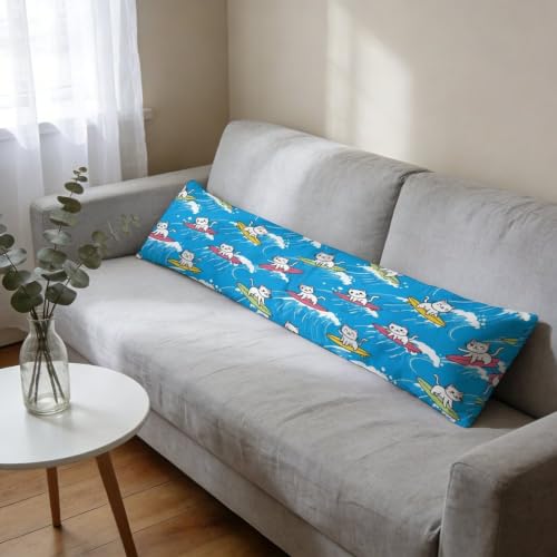 Cute Cat Surfing Body Pillow Cover 20x54 Inches Blue Waves Zipper Bed Decor - Style-3