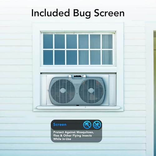 Comfort Zone Window Fan for Bedroom, 9 inch 3 Speed Dual Fans with Auto-Locking Expanders, Window Exhaust Fan, Removeable Bug Screen, Black