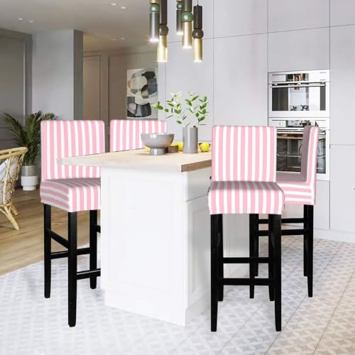 Pink and White Stripes Bar Stool Covers Set of 2 - Elastic, Washable, Counter Height Kitchen Decor