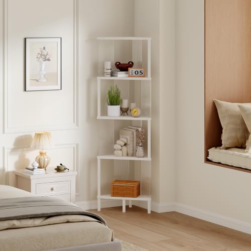 5-Tier Corner Shelf - White Corner Bookshelf for Small Spaces