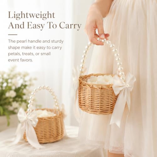 Wicker Flower Girl Basket Set with Pearl Handle & Bow for Wedding Decor