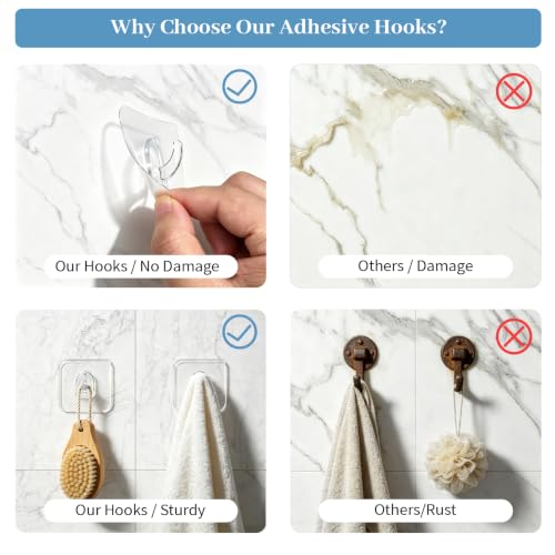Heavy Duty Waterproof Adhesive Hooks 22 LB Max No Drill Reusable Clear Wall Hooks - 20 Pack