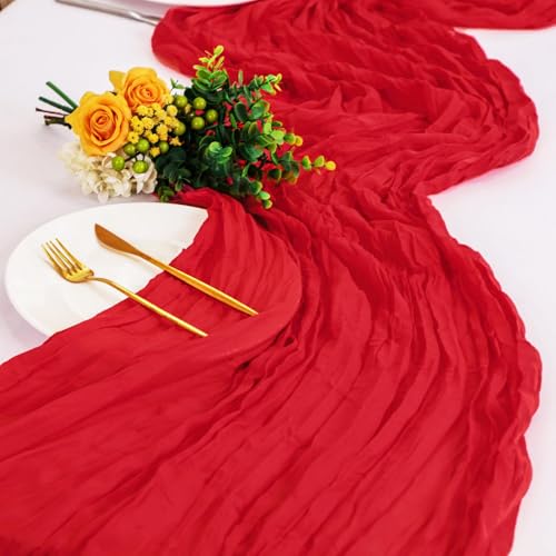 10FT Red Cheesecloth Table Runner for Weddings & Holiday Decor - Rustic Farmhouse Look