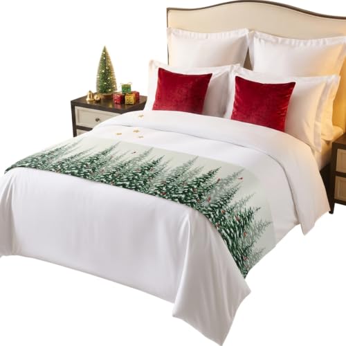 Christmas Tree Bed Runner King Size 94x20 in Green White Red Holiday Decor Bed Scarf
