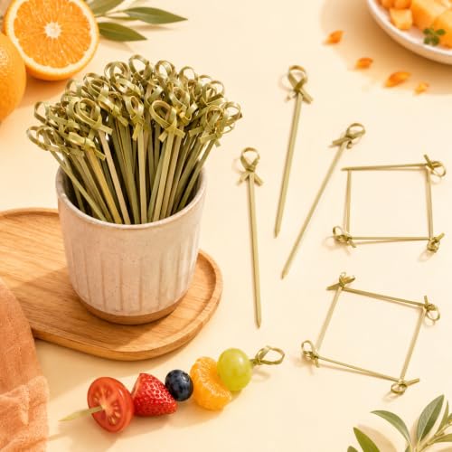 1200 Pcs Bamboo Cocktail Picks with Green Looped Knot - Food Skewers for Parties