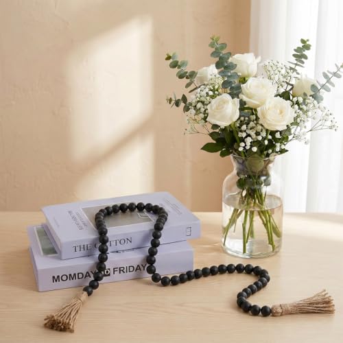 Black 39in Wood Bead Garland Farmhouse Decor with Tassels