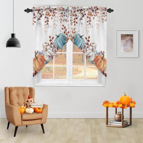 Blue Pumpkin Kitchen Valance Curtain Set - Leaf Pumpkin Pattern, 56W x 36L, Pack of 1 - Fall Decor