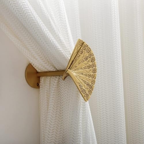 Vintage Brass Curtain Holdbacks with Chinese Folding Fan Pattern - Wall Mount Hooks