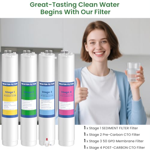 4 Pack Water Filter Cartridges for Reverse Osmosis Systems - Compatible with Pure Blue H2O PB‑TLRO4H50T