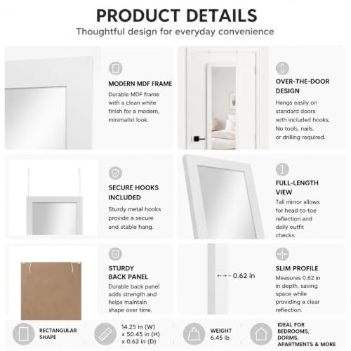 White Over Door Rectangular Mirror - 14.25 x 50.45 Inches, Modern Frame