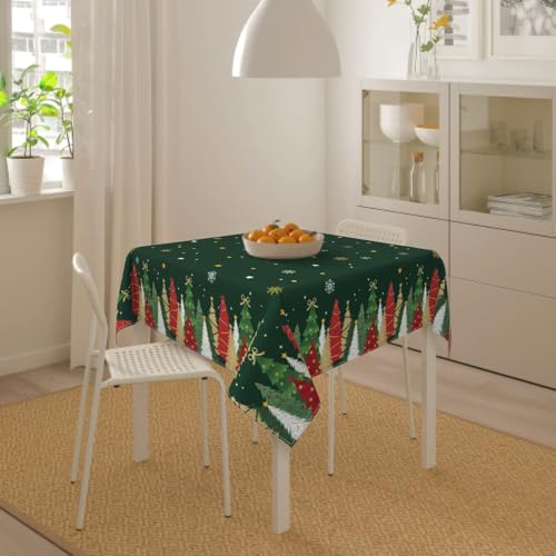 Christmas Square Tablecloth 52x52 Inch Forest Green Xmas Tree Snowflake Holiday Decor