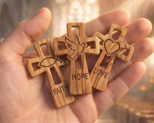 Set of 3 Olive Wood Christian Crosses Faith Hope Love Hand Carved Bethlehem