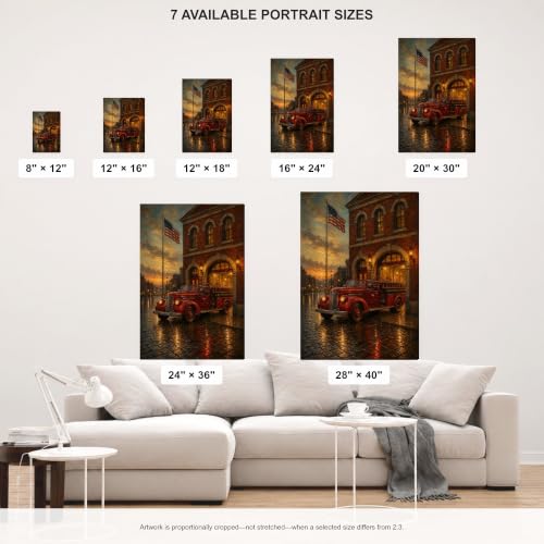 Vintage Fire Station Patriot Wall Art Canvas - American Flag Oil Painting, 20x30 Inches