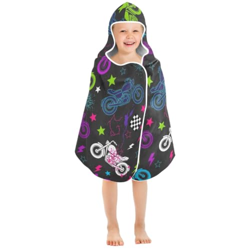 Kids Hooded Beach Towel Poncho with Neon Motorcycle Design - Soft & Absorbent