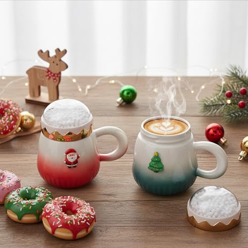 Christmas Coffee Mugs 2-Pack 15oz Ceramic with Snow Globe Lids - Red & Green Santa & Tree Gift Set