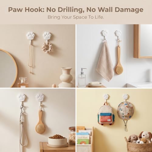 Heavy Duty Self Adhesive Wall Hooks - Paw Design, 6 lbs Capacity, No Drill Needed