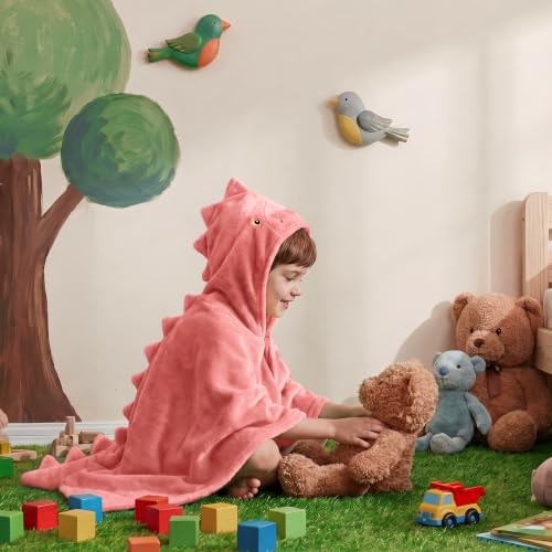 Kids Dinosaur Hooded Towel Pink Fleece Poncho for Bath & Pool