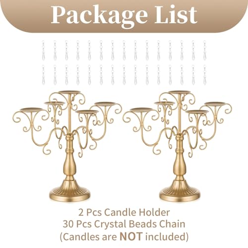 2 Pcs Gold Candelabra Candle Holders with Crystal Beads - 5 Arm Pillar Centerpiece