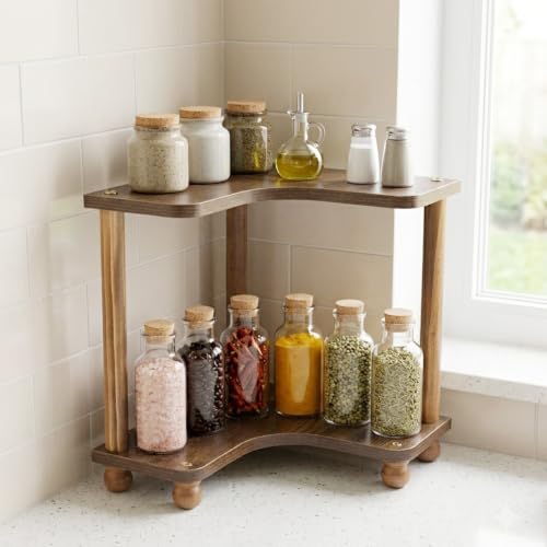Corner Bathroom Counter Organizer 2-Tier Wood Vanity Shelf - Space Saving