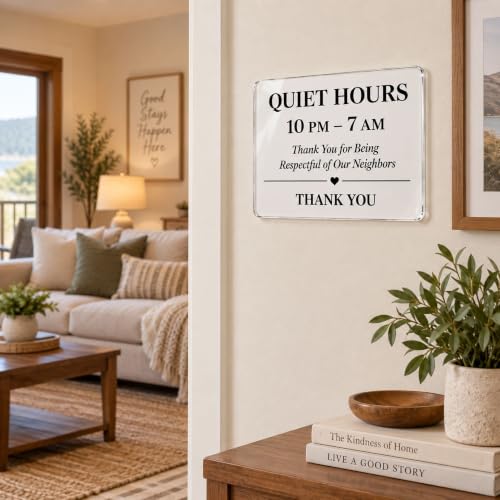 Vacation Rental Quiet Hours Sign - 8 x 6 Inch Acrylic - Clear Adhesive Mount - Defines 10 PM–7 AM Rule