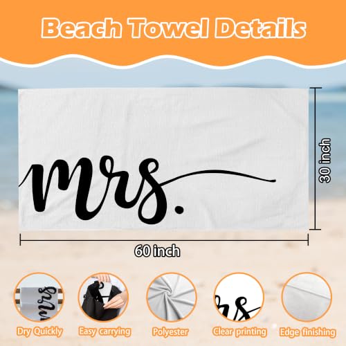 Mr and Mrs Beach Towel Set of 2 - Black White Lightweight 30x60 in for Couple