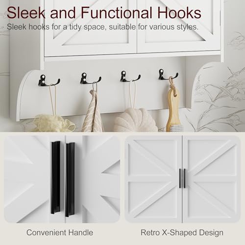 Farmhouse Wall Mount Bathroom Cabinet with Adjustable Shelves & Hooks - Ivory White
