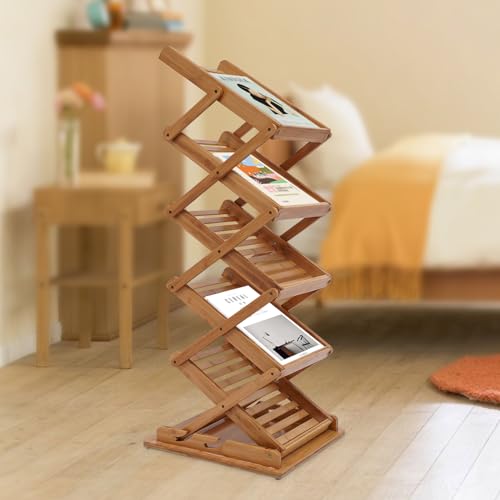 5-Tier Foldable Bamboo Magazine Rack Floor Stand - 56 Inch Storage Organizer