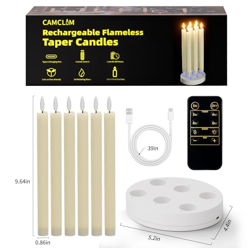 Rechargeable Flameless Taper Candles with Charging Station - 6 Pack Real Wax