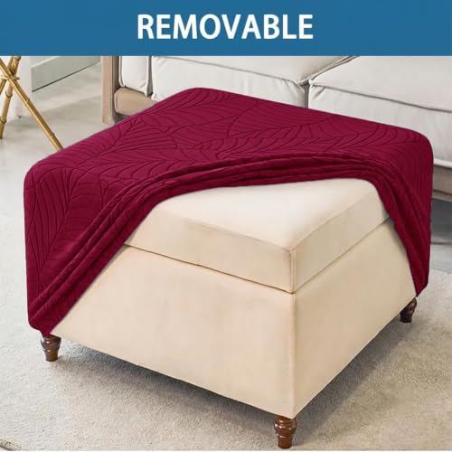 Beige Waterproof Square Ottoman Cover Stretch Jacquard Footstool Slipcover 39x39in
