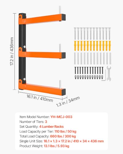 VEVOR 3‑Tier Foldable Lumber Rack 4 Pack Heavy-Duty Wall Storage Shelves