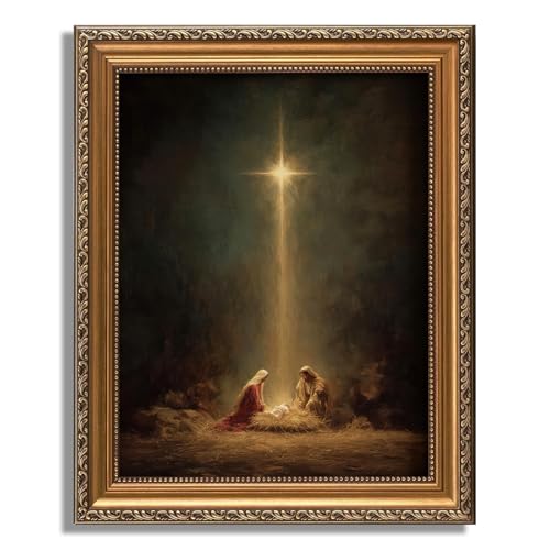 Vintage Gold Framed Nativity Canvas Wall Art - Jesus Birth Scene, 16x12 in