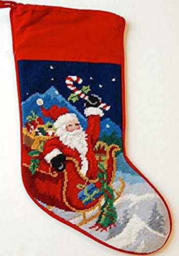 Festive Santa Wool Needlepoint Stocking - Red Sleigh Christmas Decor