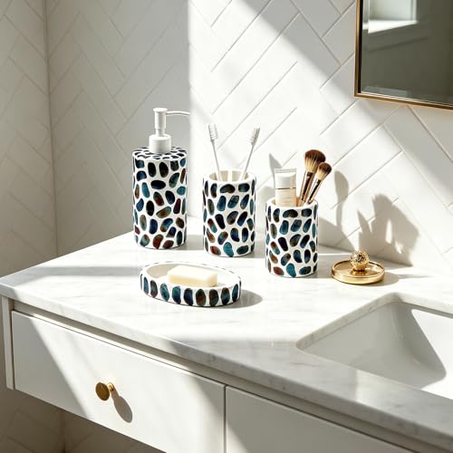 4-Piece Bathroom Accessories Set with Soap Dispenser & Toothbrush Holder - Pebble Design, Water-Resistant