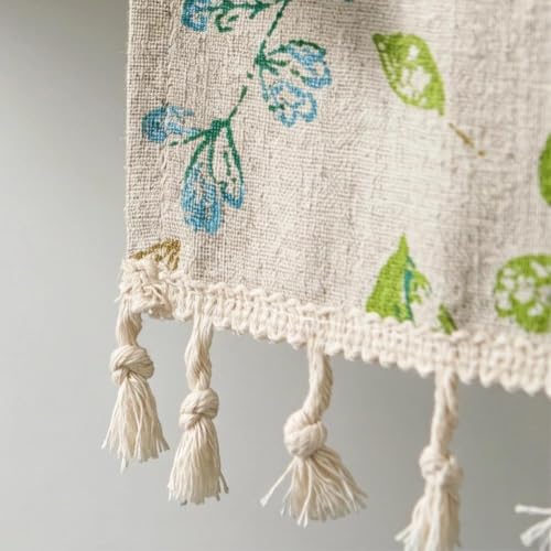 Mint Botanical Leaf Boho Tie Up Kitchen Curtain Linen Look Short Cafe Window Decor - 28x22 Inches