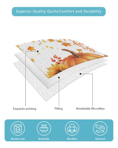 Orange Thanksgiving Twin XL Quilt Set with Pumpkins and Maple Leaves - All Season Bedding with Pillowcases