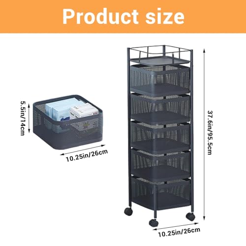Black 5-Tier Metal Mesh Kitchen Storage Cart with Rotating Baskets & Wheels