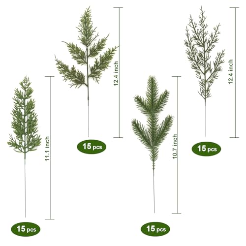 Artificial Pine Branches Assorted 60-Piece Christmas Greenery Set for Crafts and Decor