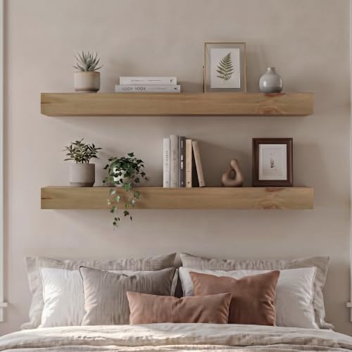 48-Inch Rustic Solid Wood Floating Shelves Set of 2, Heavy Duty Wall Storage