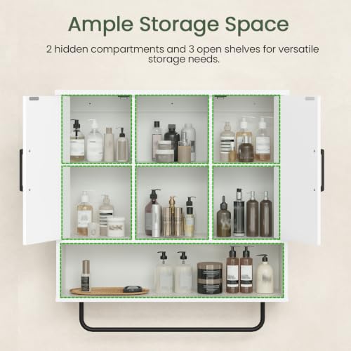 Bathroom Wall Cabinet with Doors and Towel Bar - Wall Mounted Storage Organizer