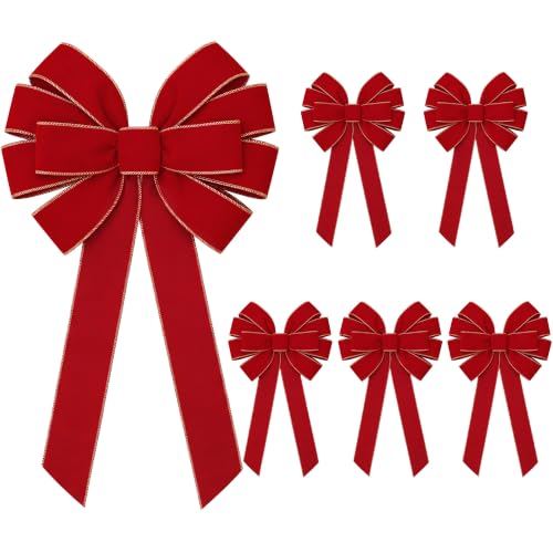 Christmas Bows 10x20 Inch Red Velvet with Gold Trim - 6 Pack