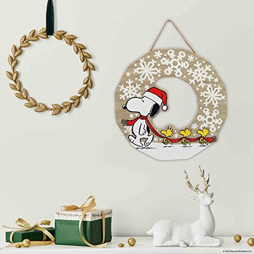 Peanuts Snoopy Snowflake Wreath Wall Decor - White Holiday Hanging Wood Sign