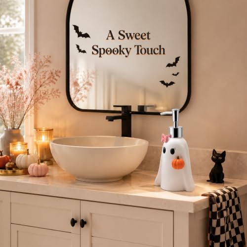 Halloween Soap Dispenser - White Ghost with Pink Bow & Pumpkin Decor